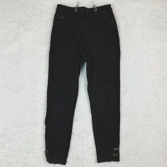 Kancan Womens Jeans Skinny Ankle Black Wash Denim Raw Hem Mid Rise Rings‎ 27 - Picture 1 of 12